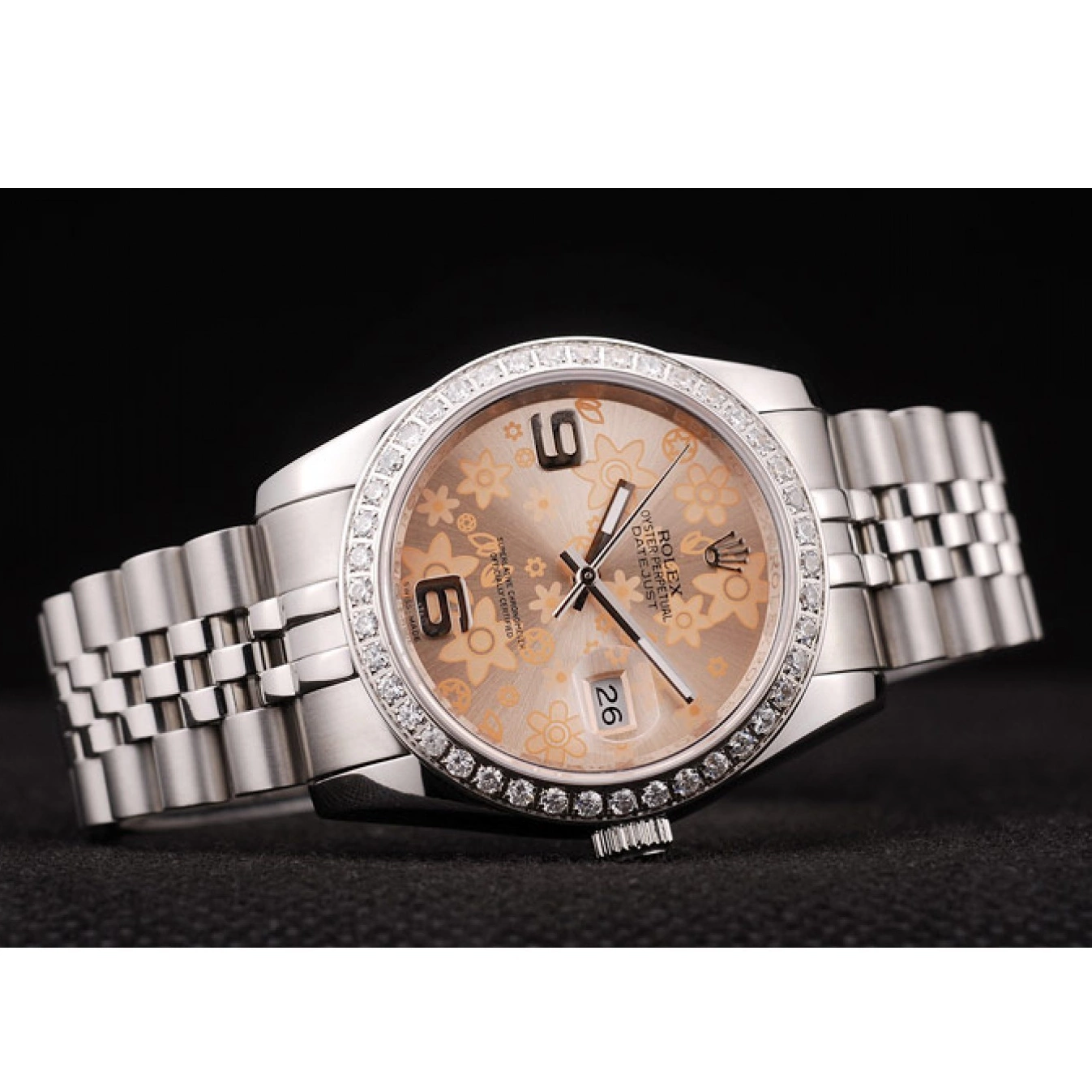 Aaa replica watch Stainless Diamonds Case Orange Flowers Plated Dial DateJust Steel Rolex Brushed 0622
